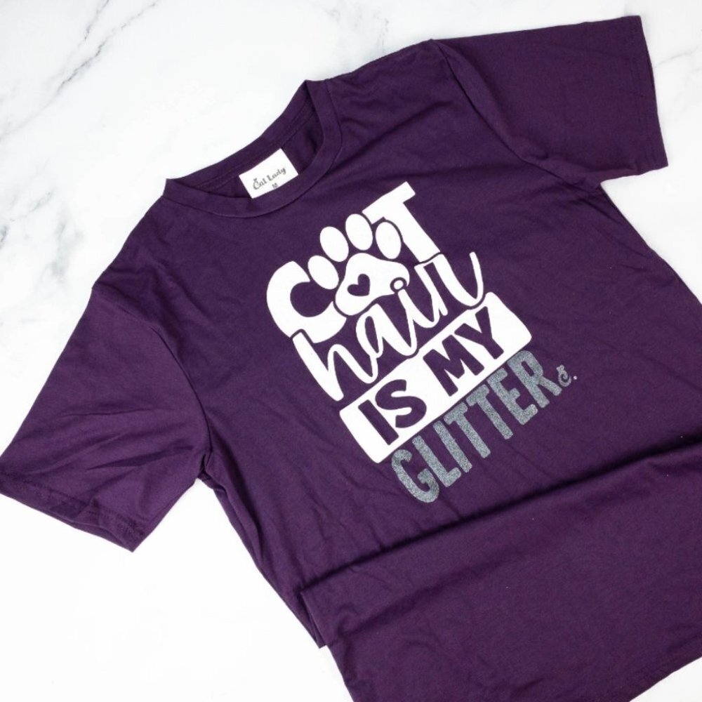 CatLadyBox Purple  'Cat Hair Is My Glitter' Short Sleeve Crew Neck T-Shirt ~M